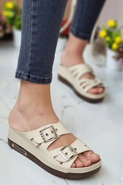 Wedell Phuket Women's Daily Slippers Double Band Stone Buckle Orthopedic Sole Mother's Outdoor & Indoor Slippers