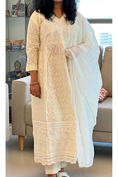 IndHeritage Premium Alia cut, off white colour, cotton 3pc kurti set / salwar...