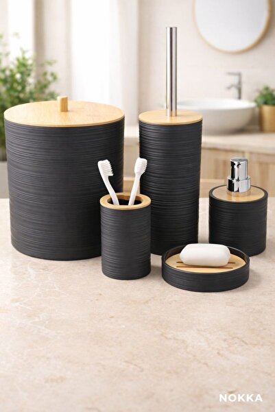NOKKA 5 Parça Bambu Detaylı Akrilik Banyo Seti, Sabunluk Seti