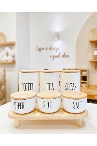 Hestia Home Tezgah Üstü Set 3 Büyük 3 Küçük Ahsap Kapaklı Cam Kavanoz ve 1 Ah...