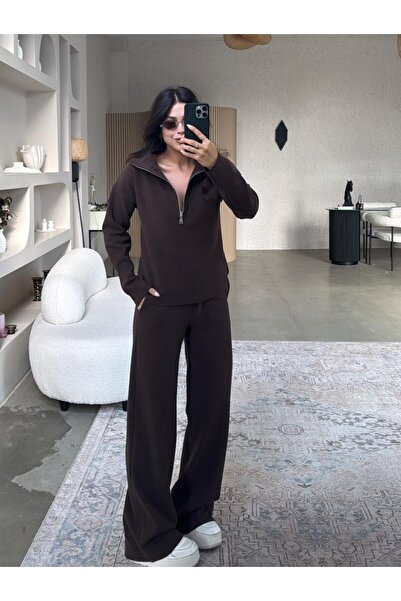 Mars Kahverengi Yarım Fermuarlı Sweat - Palazzo Pantolon Selanik Takım
