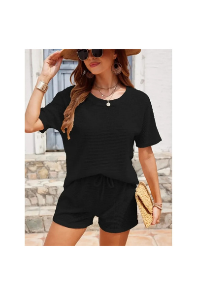 bysoca Women's Black Waffle Fabric Crew Neck Short Sleeve Relaxed Fit Shorts ...