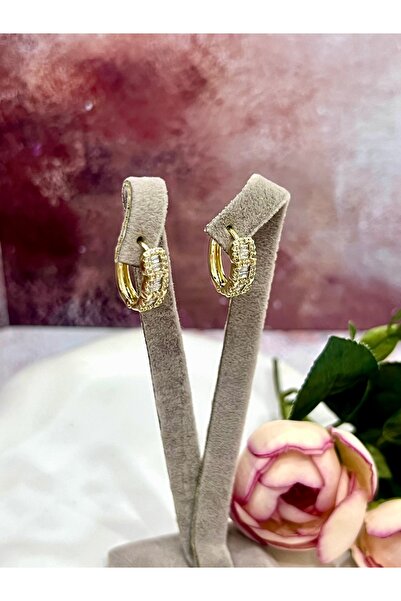 XUPING JEWELRY Lüks Seri Beyaz Baget Taşlı Gold Halka Küpe (14k Gold 1,6/0,5cm)