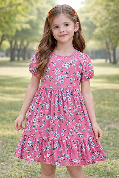 ZERMİNİ 180-01-26 Girls' Floral Print Short Sleeve Viscose Woven Dress 2/12 Y...