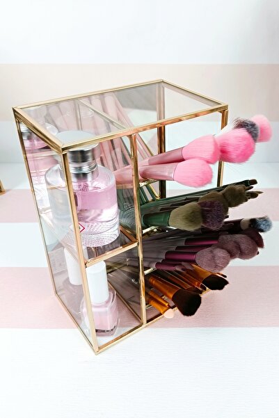 EsaDesign Mirrored Glass Makeup Organizer with Brass Frame 6 Compartments Sla...