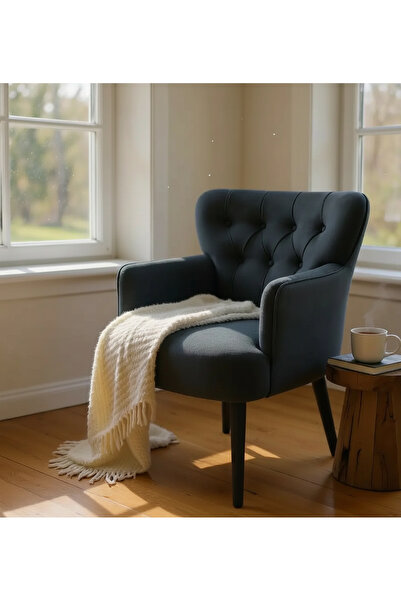 WATERYBROOK Tekli Berjer Koltuk - Kapitoneli Babyface Kumaş - Siyah Ahşap Aya...