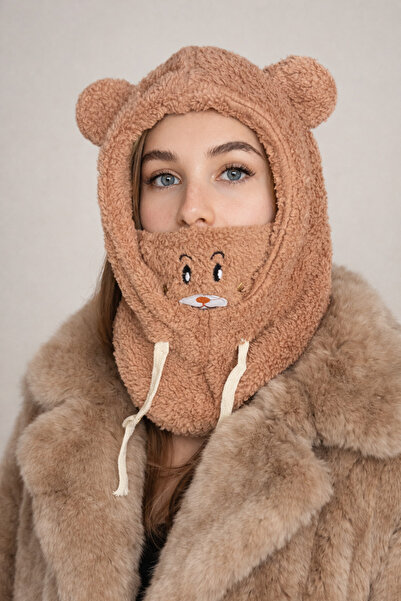 Şirin Giyim Aksesuar Peluş Balaklava Kahverengi Cepli Ayı Detay Kulaklı Ayıcı...