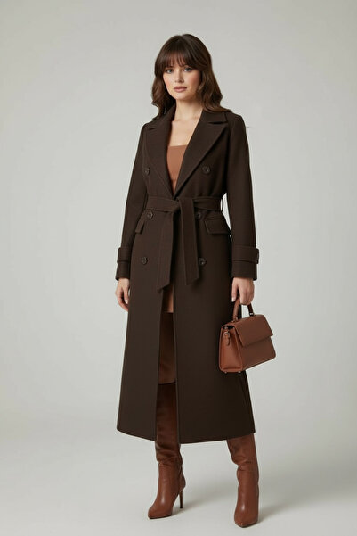 Pitti Kadın Kahverengi Erkek Yaka Uzun KUŞAKLI Yırtmaçlı ASTARLI KAŞE Kaban 7...