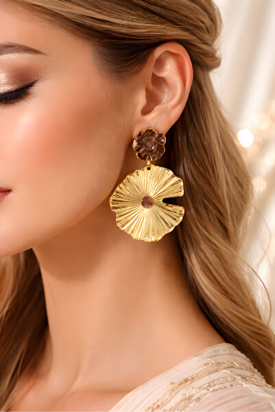 mosmoda Gold Kahve Mineli Çiçek Küpe