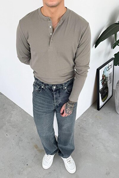 HAFKAGİYİM Gri Düğmeli Yaka Uzun Kollu Tişört