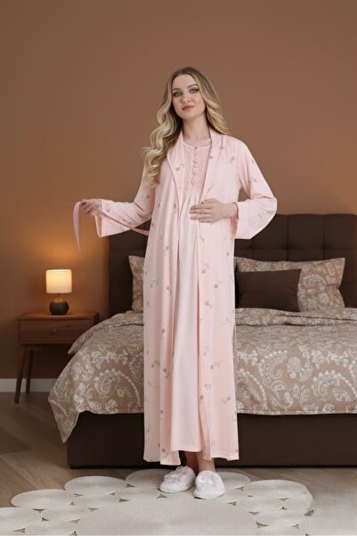 Lohusa Homewear Noul sezon, roz, guler șal, cu imprimeu floral, cu mânecă scu...