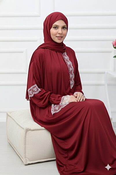 defka dress Tek parça şık dantelli başörtülü kadın tesettür namaz elbisesi