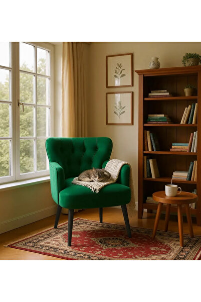 WATERYBROOK Tekli Berjer Koltuk - Kapitoneli Babyface Kumaş - Siyah Ahşap Aya...