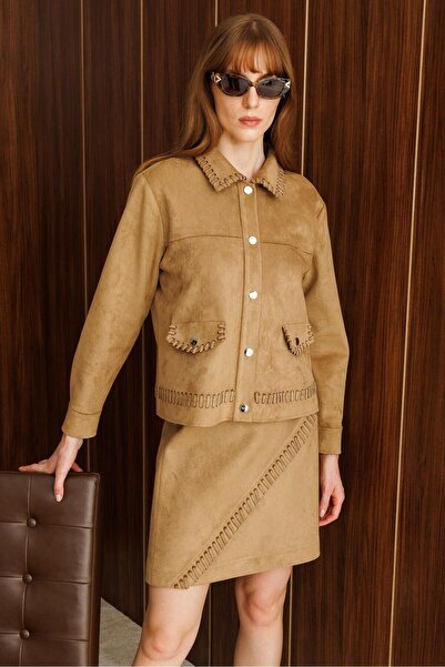 Moda İlgi MODAİLGİ Lazer Kesim Şerit Detaylı Robalı Kısa Süet Mont 70104 Vizon