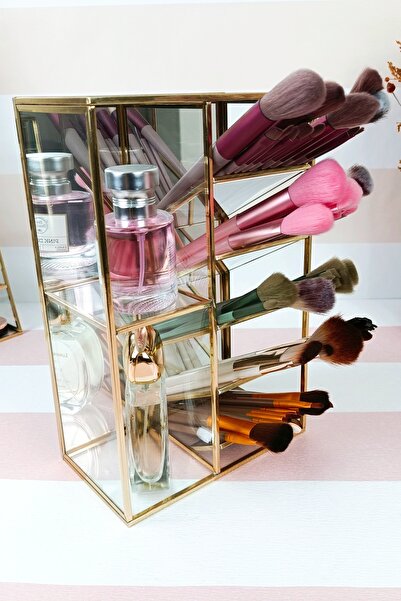 EsaDesign Mirrored Glass Makeup Organizer with Brass Frame 7 Compartments Sla...