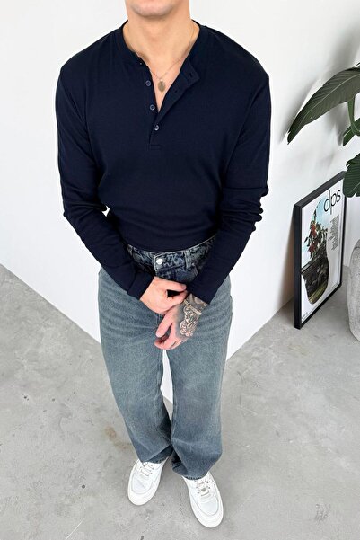 HAFKAGİYİM Μπλουζάκι με μακρυμάνικο γιακά με κουμπιά σε μπλε ναυτικό χρώμα