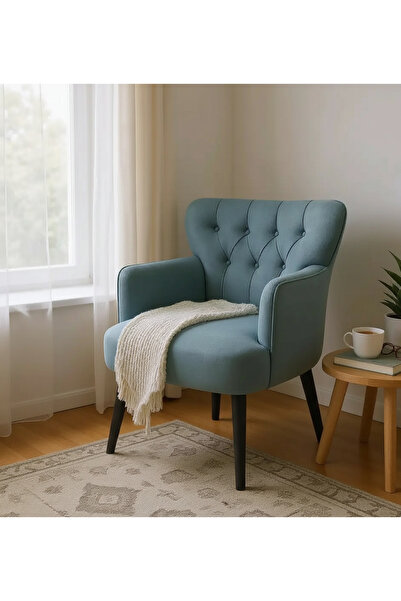 WATERYBROOK Tekli Berjer Koltuk - Kapitoneli Babyface Kumaş - Siyah Ahşap Aya...