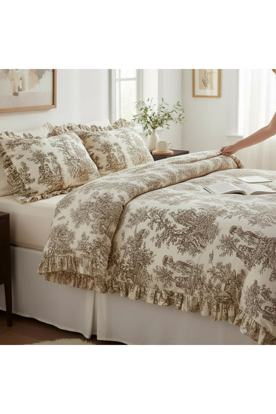 MundoLindo طقم غطاء لحاف مزدوج مكشكش بنمط فرنسي توال دو جوي 4 قطع