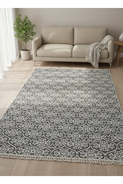 Bovia Home Pamuklu Antrasit Beyaz Madalyon Desenli Kilim - Saçaklı Modern Sal...