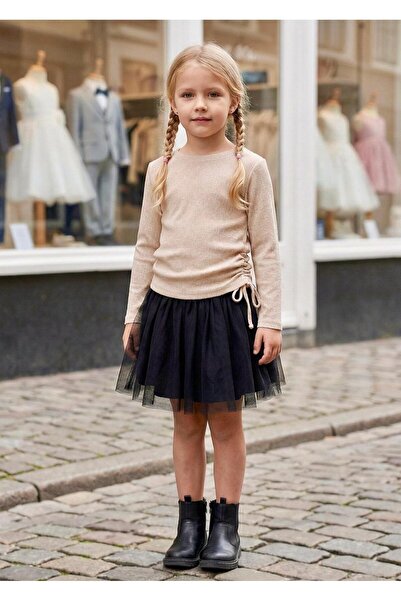 Miaras Girls' Minimal Design Long Sleeve Blouse and Tulle Skirt