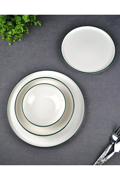 Qualitev 24 Parça Porselen Yemek Takımı 6 Kişilik Sade Yeşil Rimli Çeyiz Yeme...