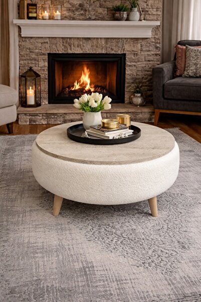 Bounteous Traverten Desenli 72 cm WLSoft Yumuşak Dokulu Puf Yuvarlak Orta Seh...