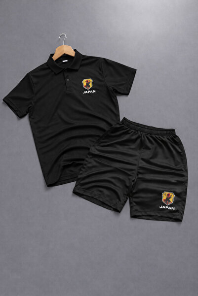 NOFLEN Set de pantaloni scurți din 2 piese cu imprimeu japonez și guler polo