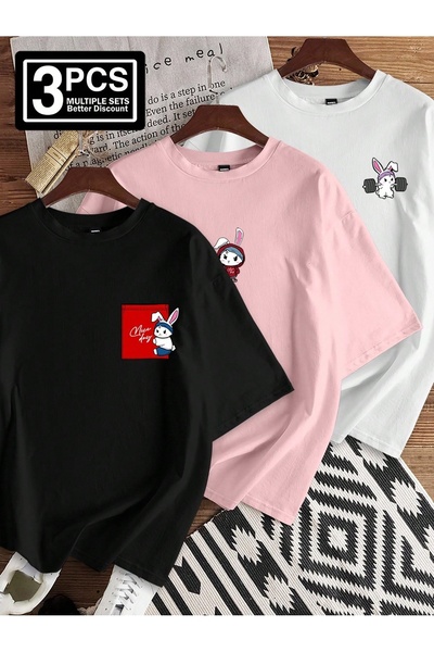 darkopia Tricou supradimensionat unisex cu imprimeu Rabbit Gym Designs, 3 piese