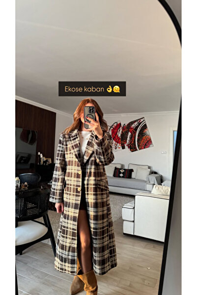 LOVENT BUTİK Ekoseli uzun kaşe kaban