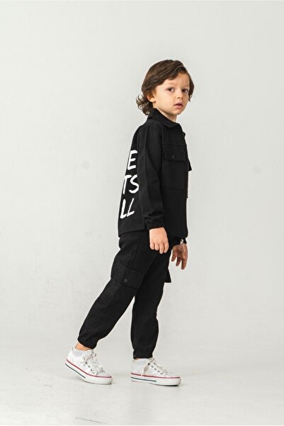 harby kids 3'Lü Siyah Kot Takım Yazı Baskılı