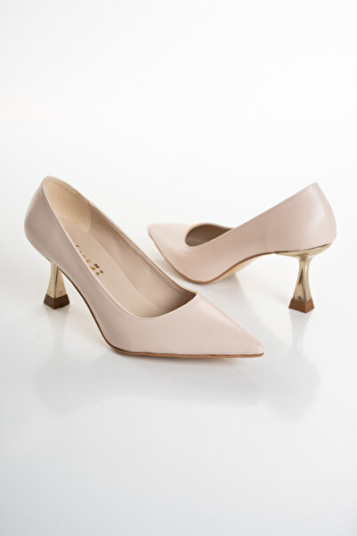 HAYAT SHOES Women's Pointed Toe Gold Heel Detailed Nude Color Stylish Stiletto