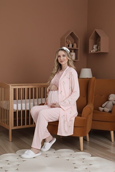 Lohusa Homewear New Season Pink Shawl Collar Floral Patterned Short Sleeve La...