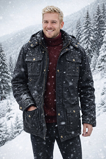 DYNAMO Men's Black Hooded Fur Lined Waterproof Coated Thick Coat