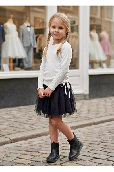 Miaras Girls' Minimal Design Long Sleeve Blouse and Tulle Skirt