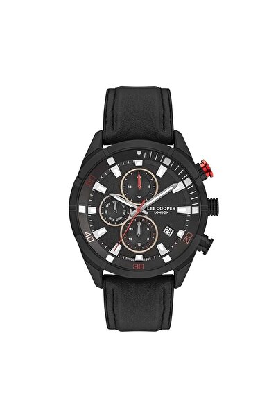 Lee Cooper Erkek Saati 45 mm Siyah Deri Kordon Siyah Kadran 5 ATM