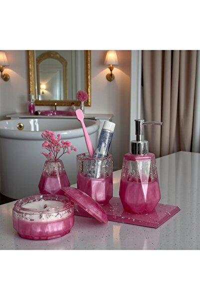 ARTEVIA HOME Pink Aura Epoksi Banyo Sabunluk Seti - Sıvı Sabunluk, Fırçalık, ...
