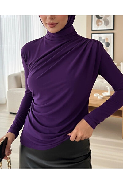 nedo7 Half Neck Gathered Sandy Blouse -Purple