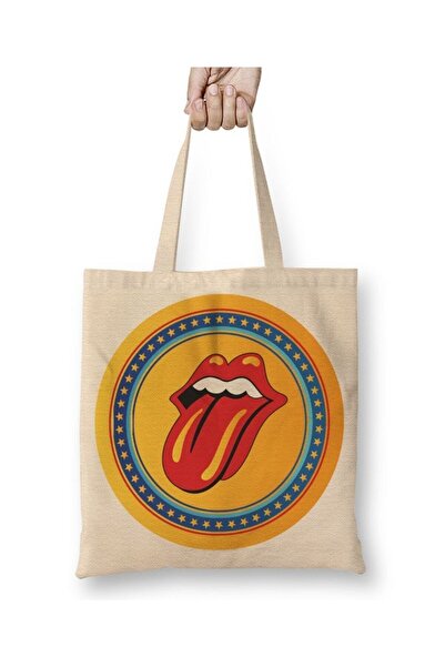 Toyaso Rolling Stones White Tote Bag Long Handle Shopping Bag Beach Bag