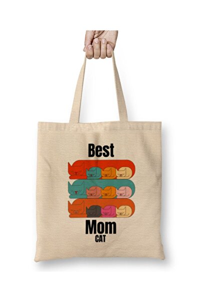 Toyaso Best Mother Ever Cat Mother's Day White Cloth Bag Long Handle Shopping...