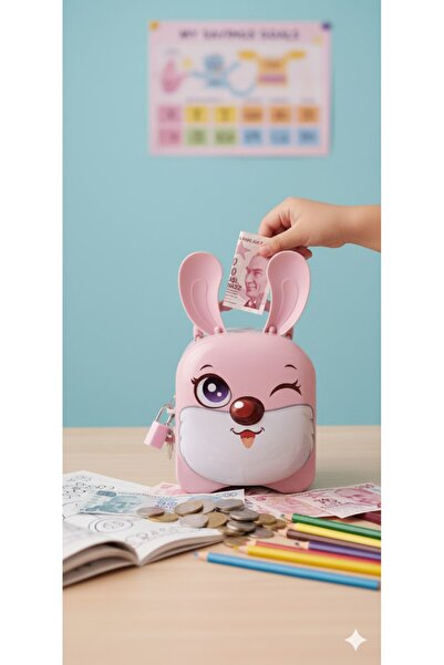 Kesene Çocuklar İçin Sevimli Tavşan Figürlü Kilitli Kumbara Metal Tasarruf De...