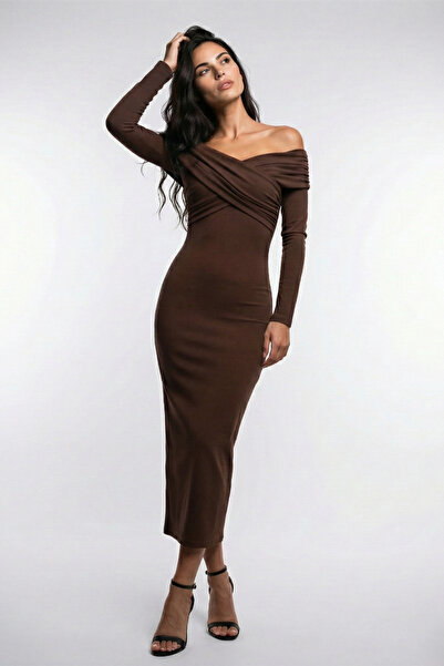 OLSAMODA Women's Cross-Necklace Drape Detail Flexible Fabric Design Dress