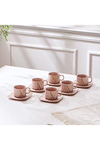Malooki Set of 6 cups with 6 saucers, 180 ml - Pale pink marbled