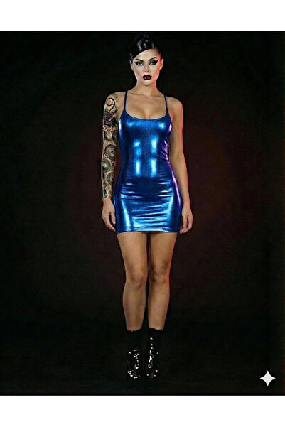 Terry Pau Kadın Parlak Metalik Lame Kumaş Sırt Dekolteli İnce Askılı Mini Clu...