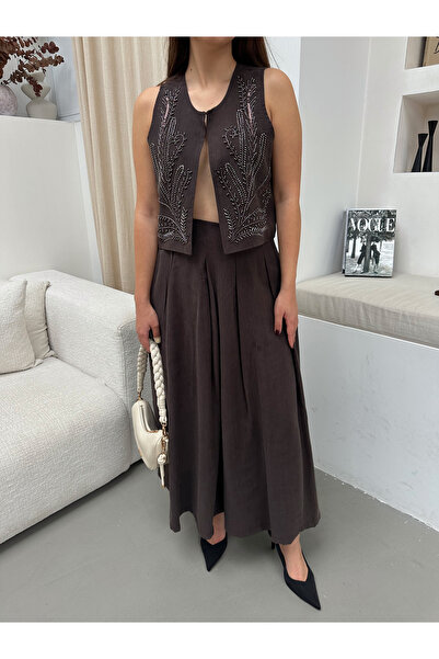 MİA NOURA Women's Embroidered Beaded Vest Skirt Set