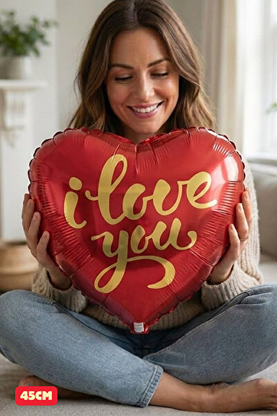 Baloncu Dede بالون قلب أحمر مكتوب عليه 'أحبك' باللون الذهبي، زينة لطلب الزواج...