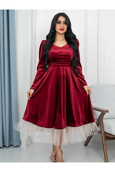 TREN Red Velvet Midi Dress with Puff Sleeves and Tulle Hem for Party Evening ...