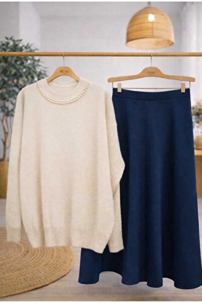 MODA VEDAT Women's Collar Pearl Soft Sweater - Puff Skirt Set -0510