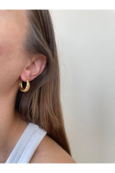 nerora Non-Tarnish Steel Gold Line Curved Earrings