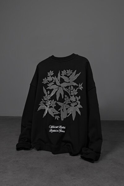 Slatra Чоловічий чорний светр з великим принтом Flowers Flok