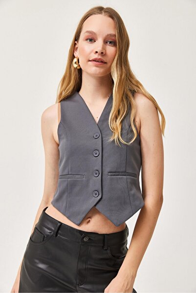 Ellit giyim Women's Gray 100% Polyester Double-Breasted Cut V-Neck Slim Fit B...